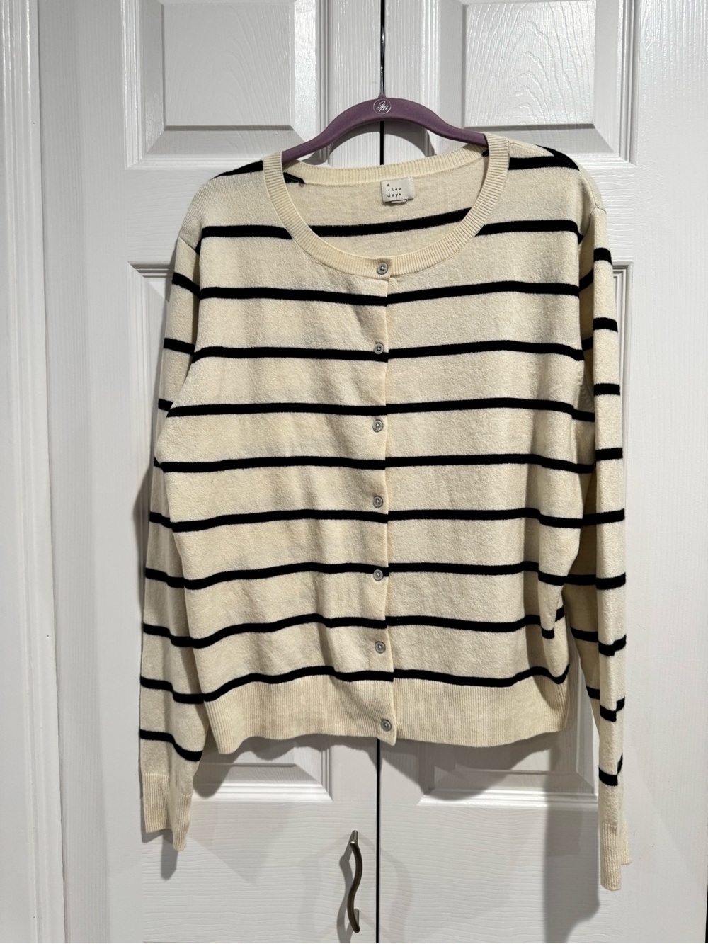 a new day Cream and Black Striped Button-Front Cardigan